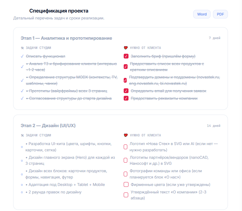 Интерфейс ТЗ BriefHub: вид со стороны клиента